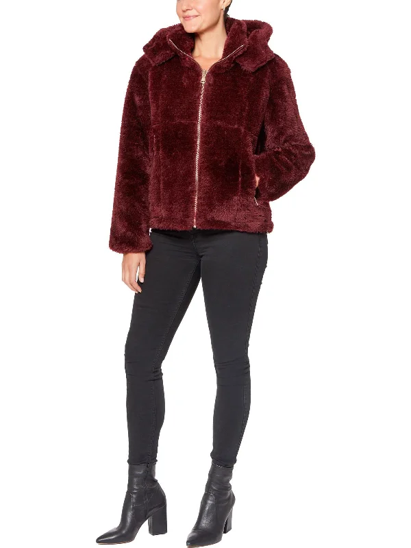 women's relaxed boyfriend blazer -Womens Faux Fur Hooded Faux Fur Coat