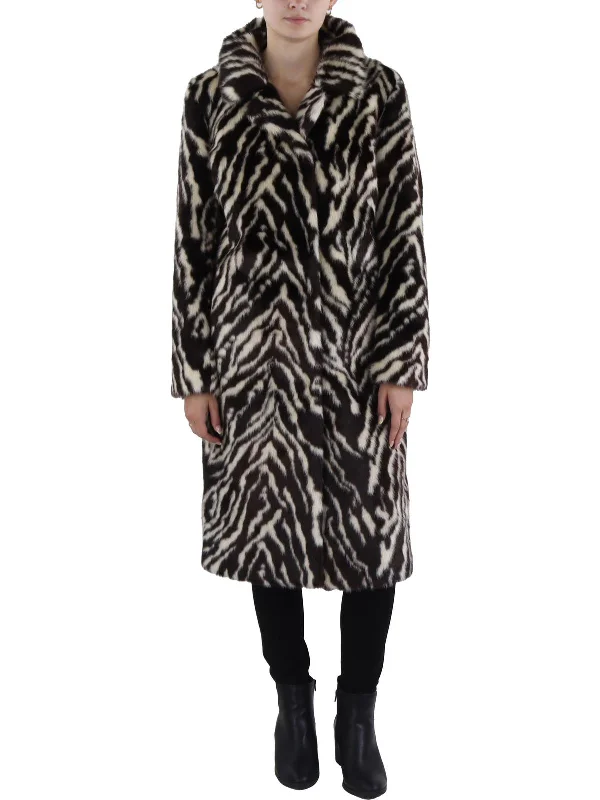 warm shearling coat for women -Womens Animal Print Midi Faux Fur Coat