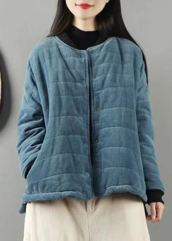 cozy oversized wrap coat for women -Plus Size Blue Stand Collar Pockets Fine Cotton Filled Coats Winter