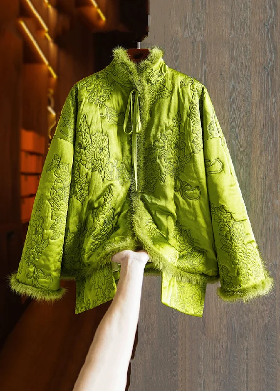 women's outdoor fleece jacket -Plus Size Green Lace Up Mink Hair Patchwork Silk Parka Winter