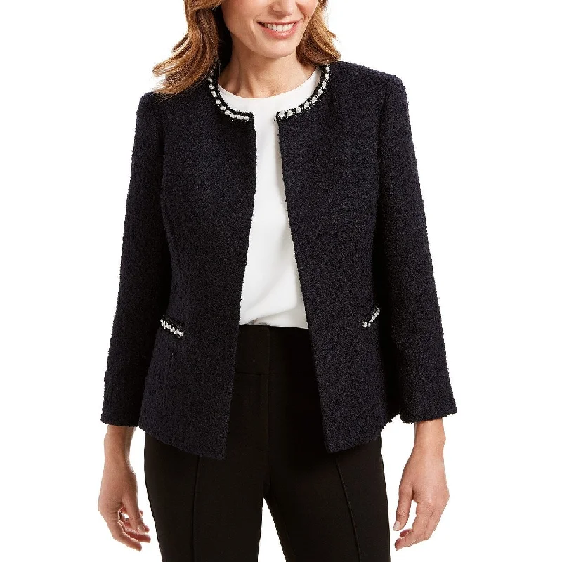 double-layered long coat for women -Kasper Women's Faux-Pearl Embellished Textured Jacket Black Size 6