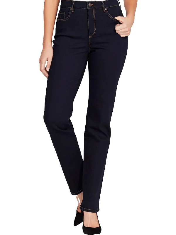 ultra-lightweight summer jeans for women -Petites Womens High Rise Dark Wash Straight Leg Jeans