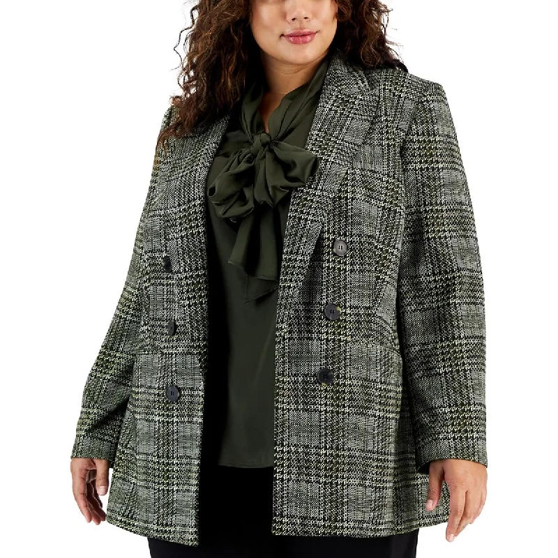 women's cropped bomber jacket -Bar III Womens Plus Plaid Double-Breasted Open-Front Blazer