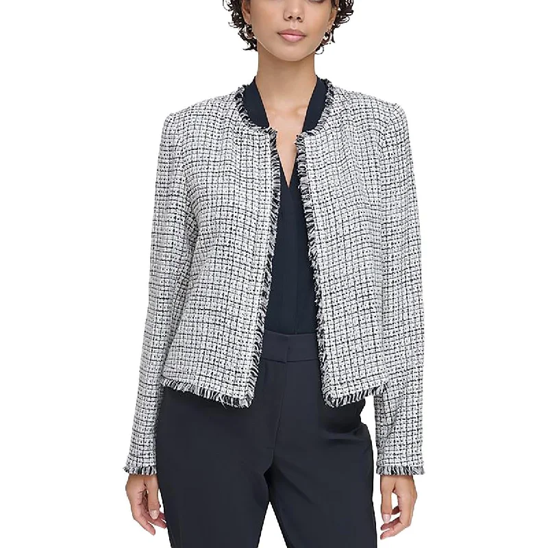 ladies' longline puffer coat -Calvin Klein Womens Tweed Fringe Open-Front Blazer