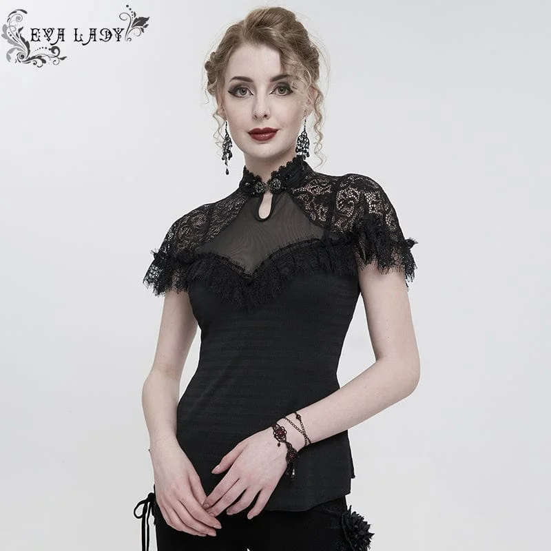 breathable workout top for women -Women's Gothic Cheongsam Collar Lace Splice Ruffled Shirt