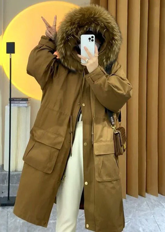 winter-ready faux shearling jacket for women -Art Caramel Raccoon Hair Collar Drawstring Pockets Womens Parka Winter