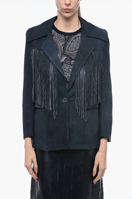 women's slim fit blazer -Salvatore Santoro Fringed Detail Suede Jacket