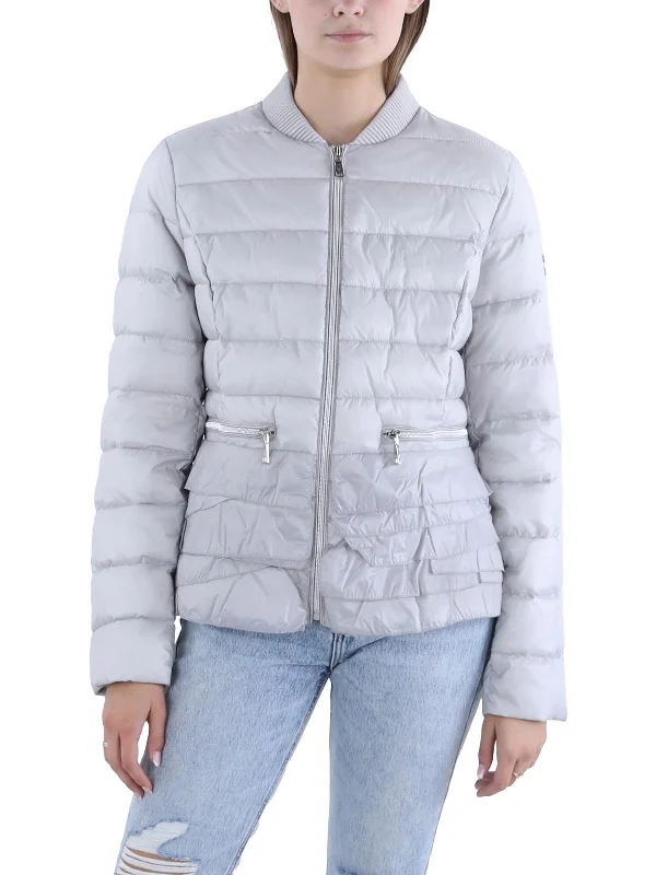 ladies' longline puffer coat -Womens Insulated Ruffled Trim Puffer Jacket