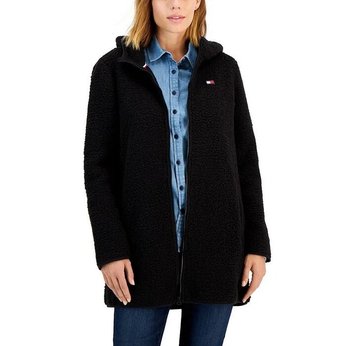 ladies' lightweight anorak coat -Tommy Hilfiger Women's Hooded Fleece Zip Up Jacket Black Size Small