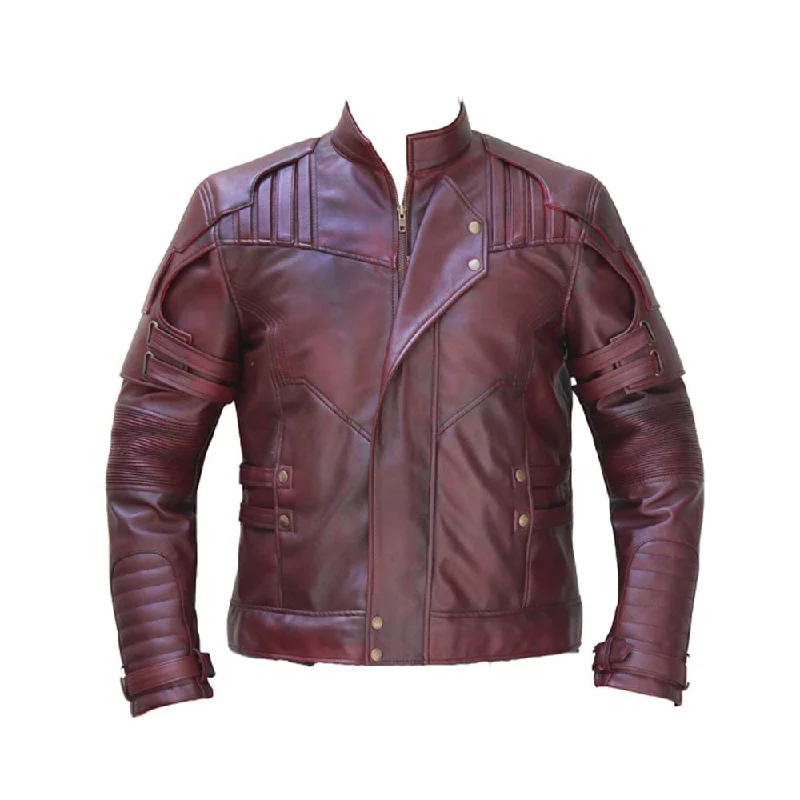 zip-up casual anorak jacket for women -Men Burgundy Lapel Strips Military Leather Jacket