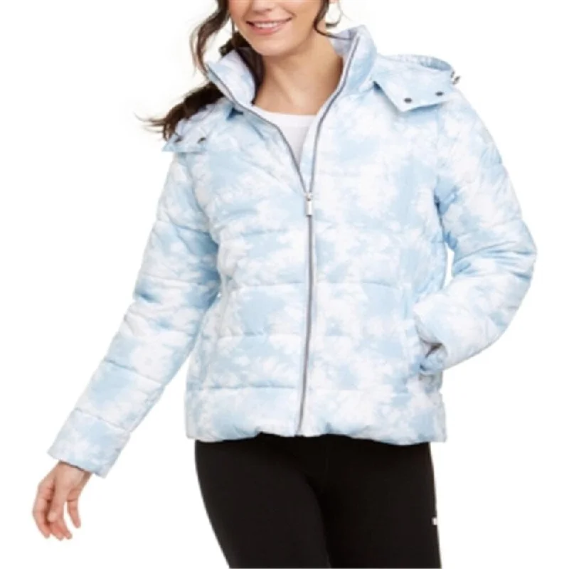 stylish longline coat for women -Calvin Klein Women's Printed Hooded Puffer Jacket Blue Size Medium