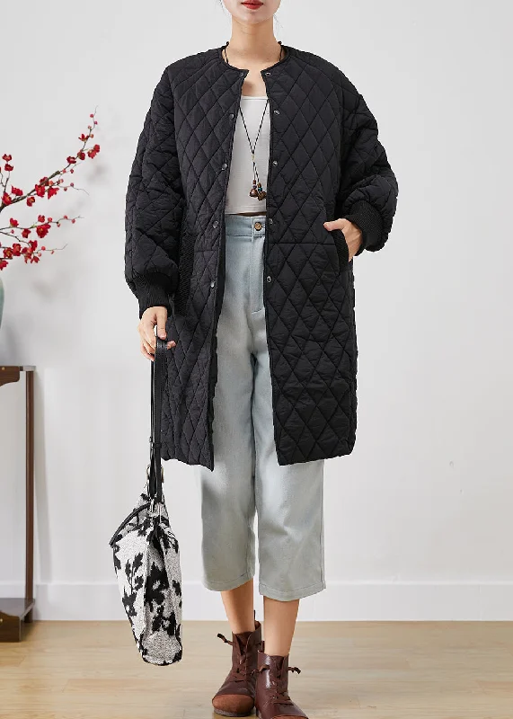 warm padded coat for women -Black Plaid Fine Cotton Filled Winter Coats Oversized Thick Winter