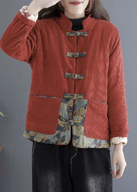 women's elegant cape coat -Vintage Brick Red Thick Fleece Wool Lined Corduroy Jackets Winter