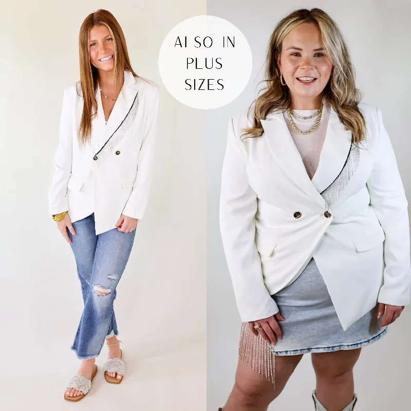 professional work blazer for women -Classic Reimagined Blazer with Silver Fringe in White