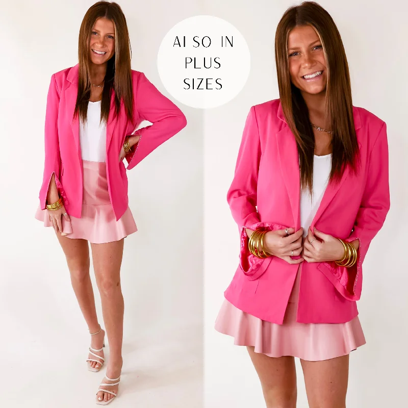 stylish leather jacket for women -Plan For Success Crystal Slit Sleeve Blazer in Hot Pink