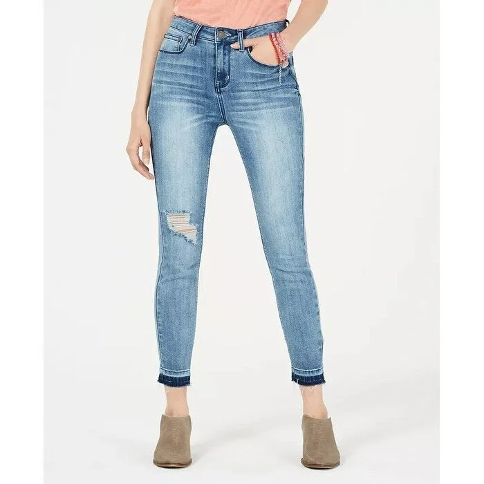 stylish front-slit jeans for women -Indigo Rein Juniors' Ripped Released-Hem Skinny Jeans Blue Size 7