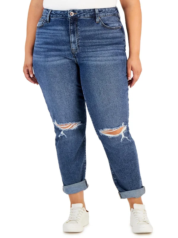 women's button-fly mom jeans -Plus Womens Cuffed High Rise Mom Jeans