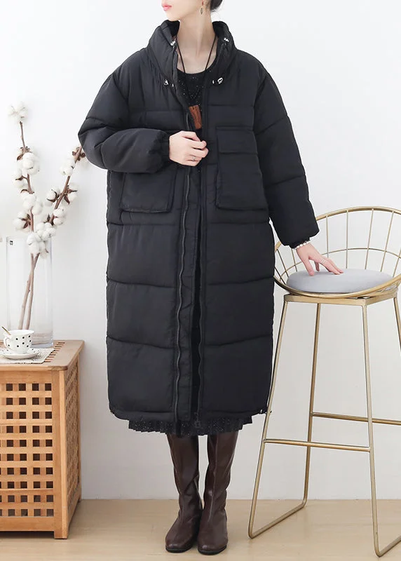 women's belted trench coat -Plus Size Black Stand Collar Zippered Thick Long Parka Winter