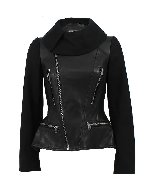 sleek satin bomber jacket for women -High Neck Leather Biker Jacket