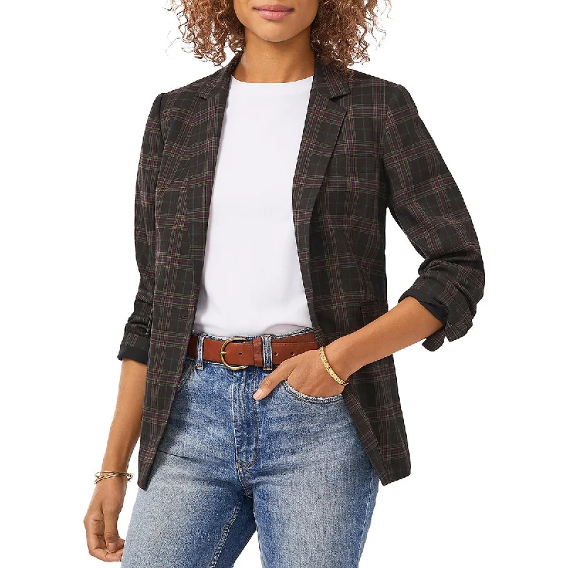 women's casual denim jacket -Vince Camuto Womens Plaid Notch Collar One-Button Blazer