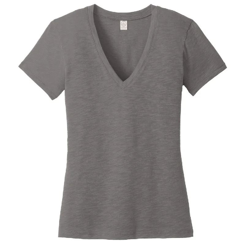 women's classic polo shirt -Alternative Women's Elephant Grey Weathered Slub So-Low V-Neck Tee