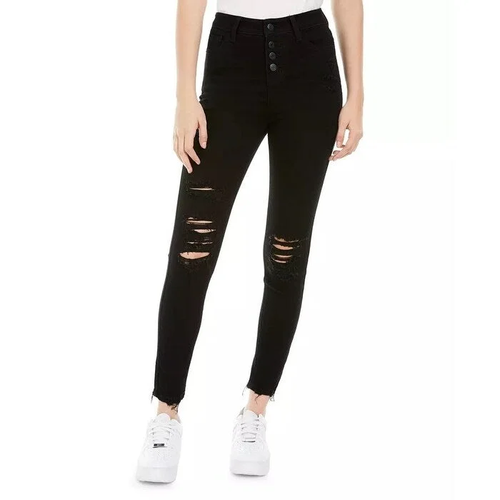 women's ultra-light stretch jeans -Vanilla Star Junior's Ripped Button Fly Jeans Black Size 15