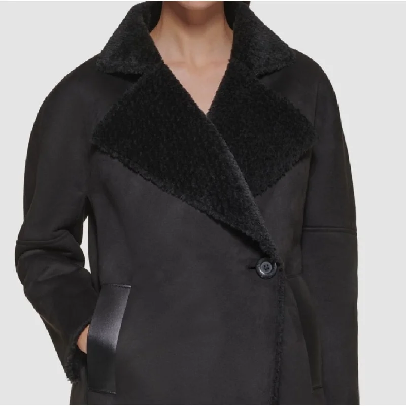 double-layered long coat for women -Calvin Klein Women's Midi Warm Faux Coat Black Size Medium