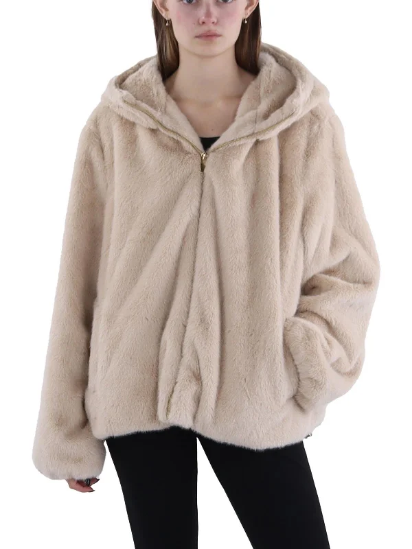 elegant wool cape for women -Womens Faux Fur Hooded Faux Fur Coat