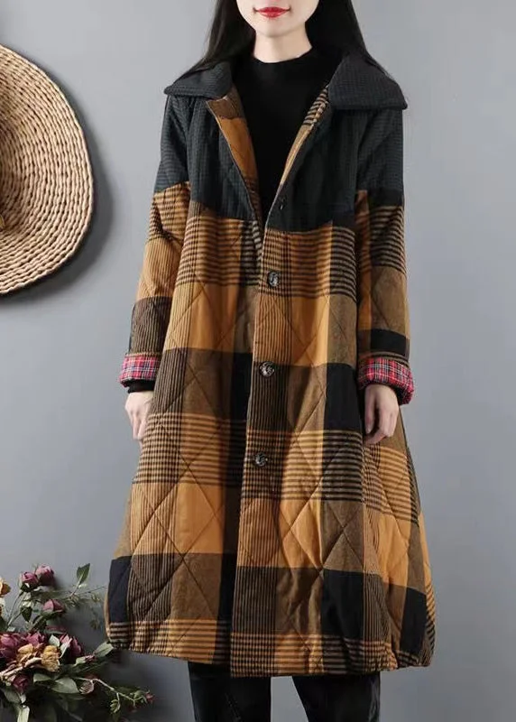 women's winter coat -Italian Yellow Pockets Plaid Patchwork Fine Cotton Filled Coats Winter