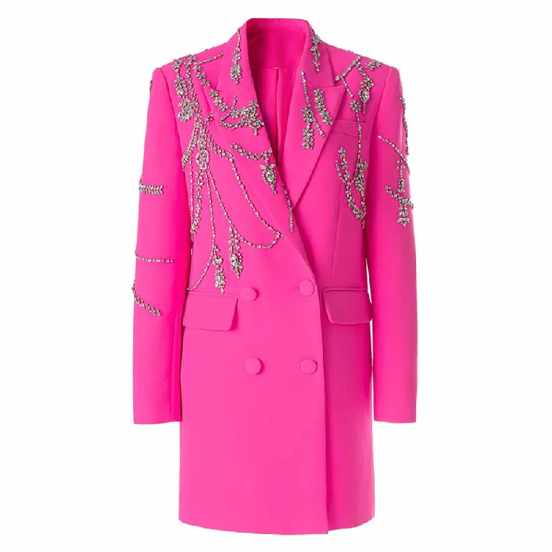 women's teddy bear coat -Women Sparkly Fuchsia Blazer Long Hand Stitched Stones Coat Cocktail Blazer Dress