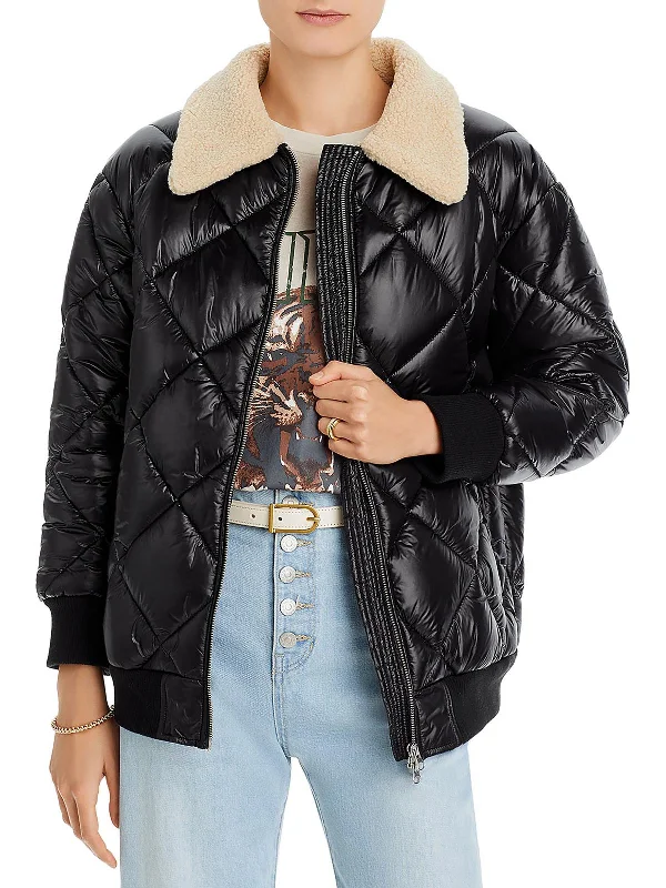 stylish women's blazer -Shay Womens Faux Fur Trim Cold Weather Puffer Jacket