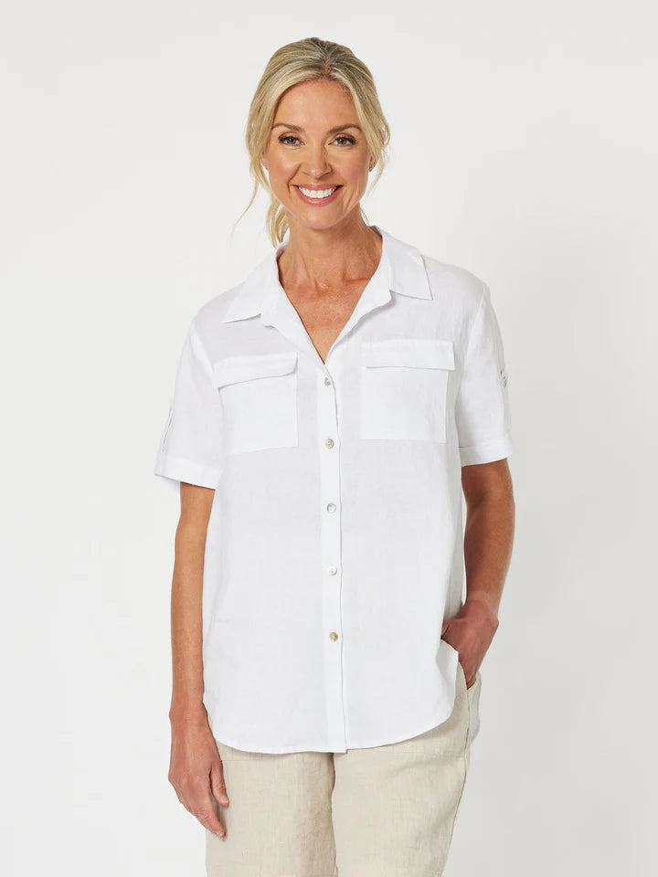 trendy puff sleeve blouse for women -Safari Linen Shirt - White