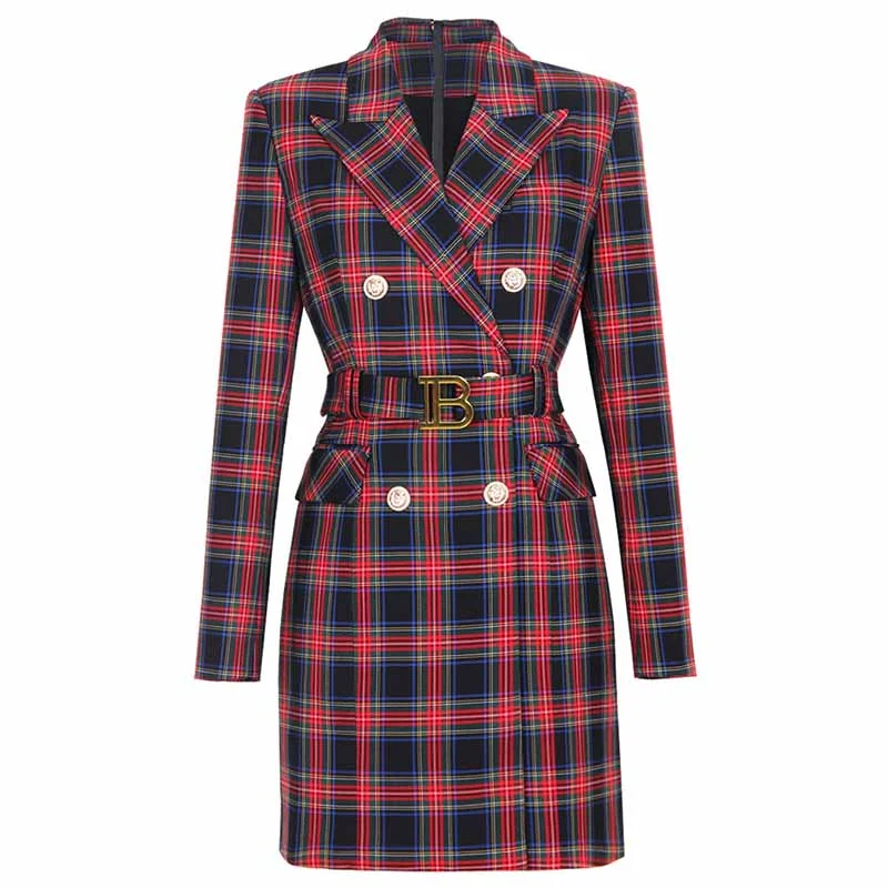 cropped faux leather jacket for women -Plaid Double-Breasted Blazer Dress with Belt