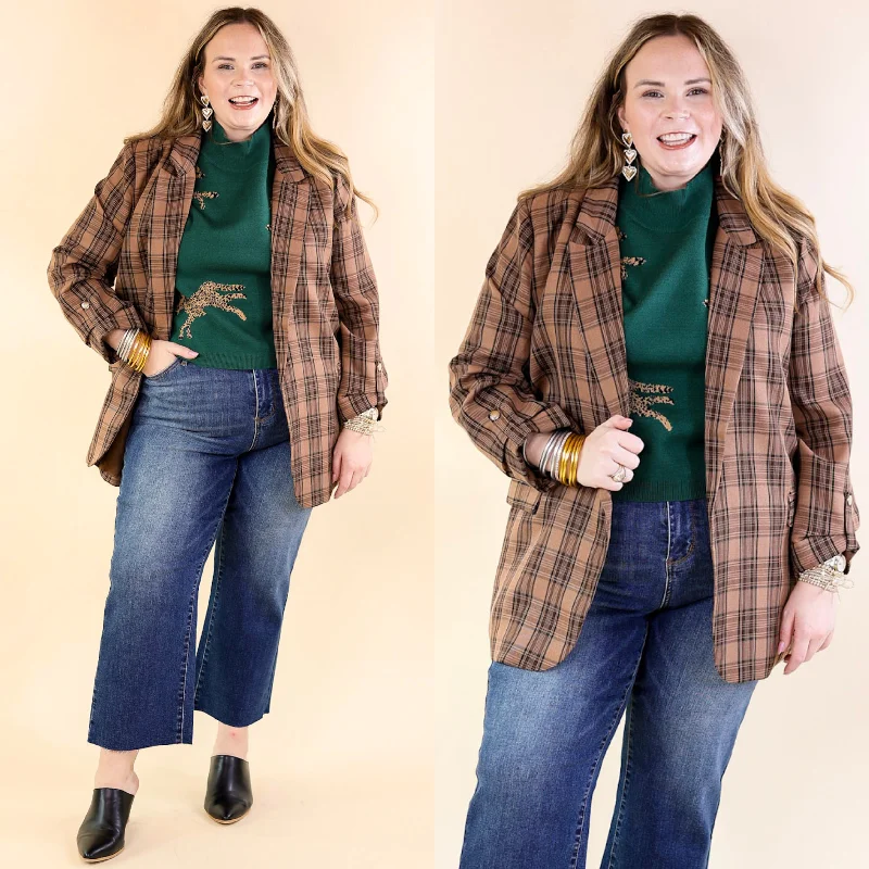 cozy oversized wrap coat for women -Mountain View Open Front Plaid Blazer with 3/4 Sleeves in Brown