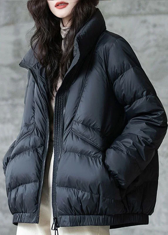 classic camel coat for ladies -Plus Size Black Stand Collar Zip Up Thick Duck Down Winter Coats