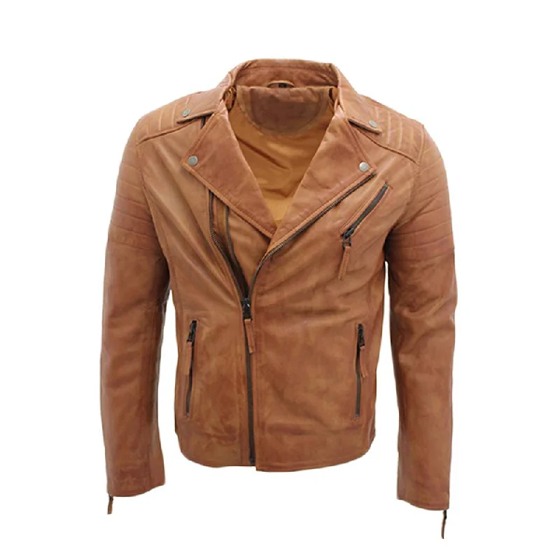 women's relaxed fit blazer -Men Brown LAPEL Quality Biker Leather Jacket