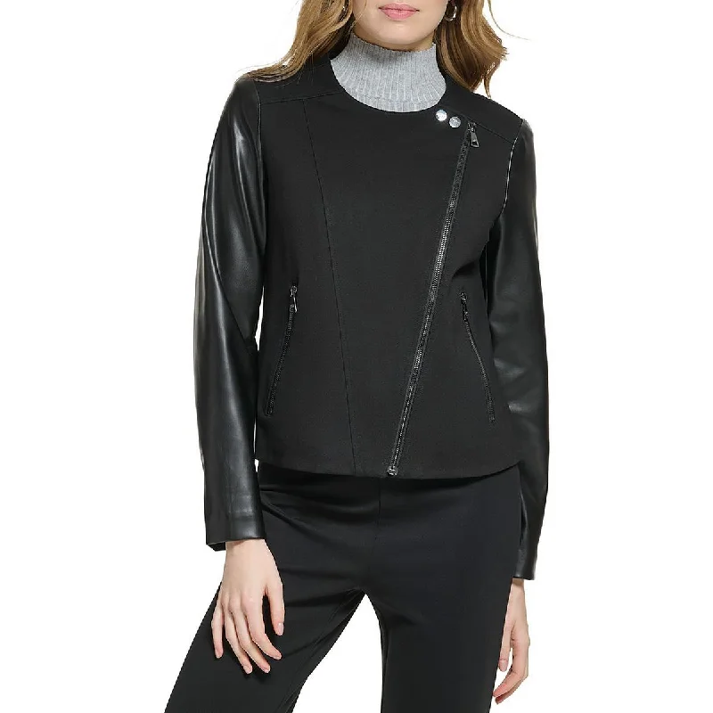 professional work blazer for women -Womens Faux Leather Collarless Motorcycle Jacket