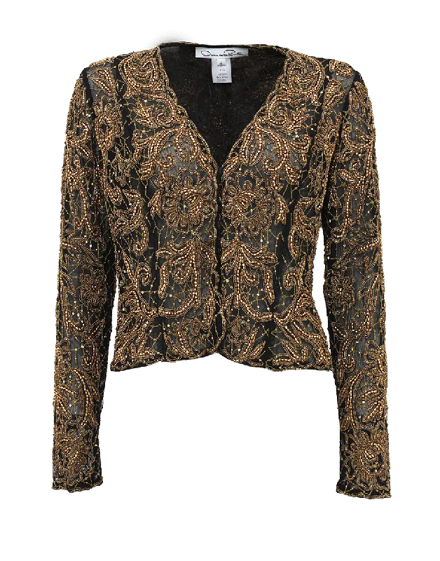 double-layered long coat for women -Long Sleeve Embroidered Beaded Jacket