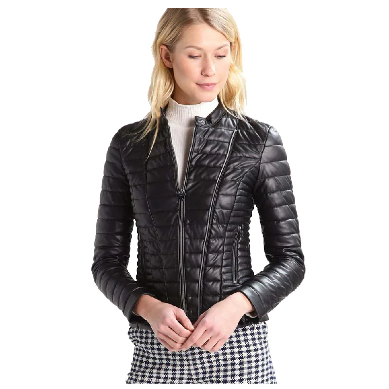 structured blazer jacket for women -WOMEN BOMBER BUBBLES LEATHER JACKET