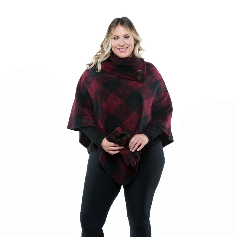 cozy teddy coat for ladies -Elisa Burgundy Check Cozy Coat Fleece Poncho and Gloves Set