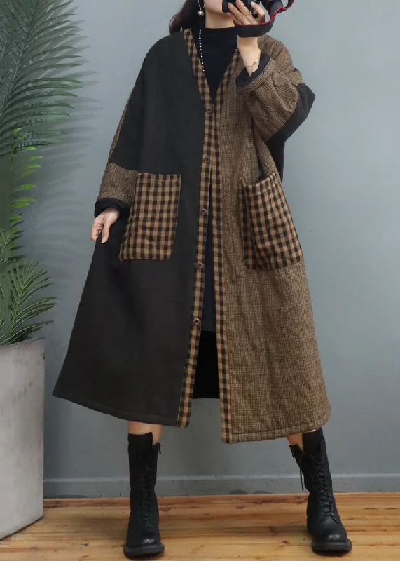 women's travel-friendly jacket -Vintage Coffee Plaid Pockets Patchwork Thick Long Coat Fall