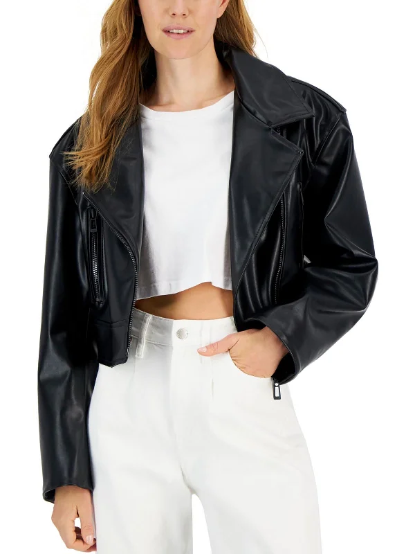 women's cropped bomber jacket -Womens Faux Leather Short Motorcycle Jacket