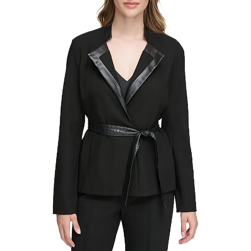 stylish women's blazer -Calvin Klein Womens Knit Faux Leather Trim Open-Front Blazer