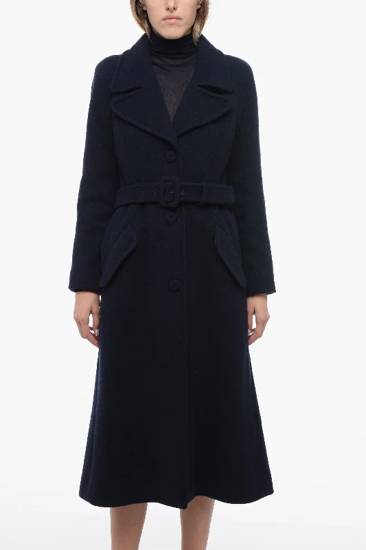 casual coats for women -Moschino COUTURE Wool Ribbed Coat with Belt