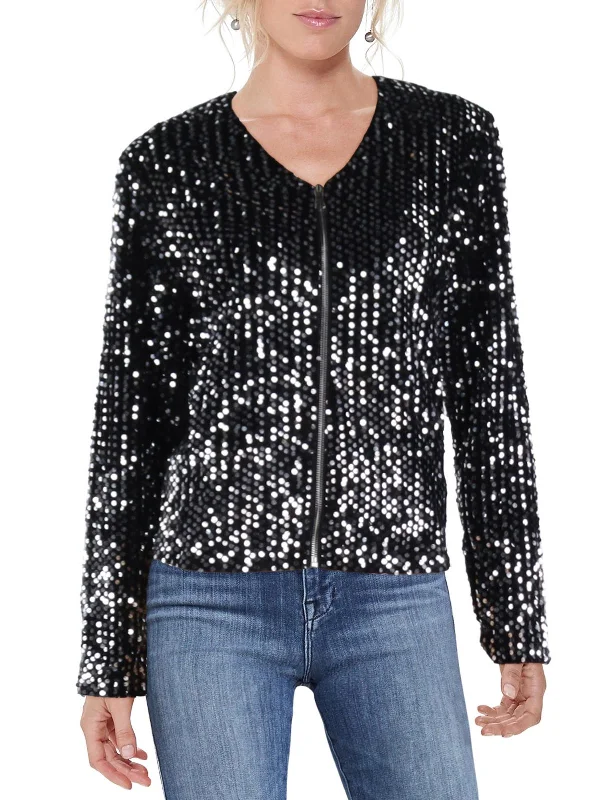 cropped faux leather jacket for women -Womens Sequined Short Bomber Jacket