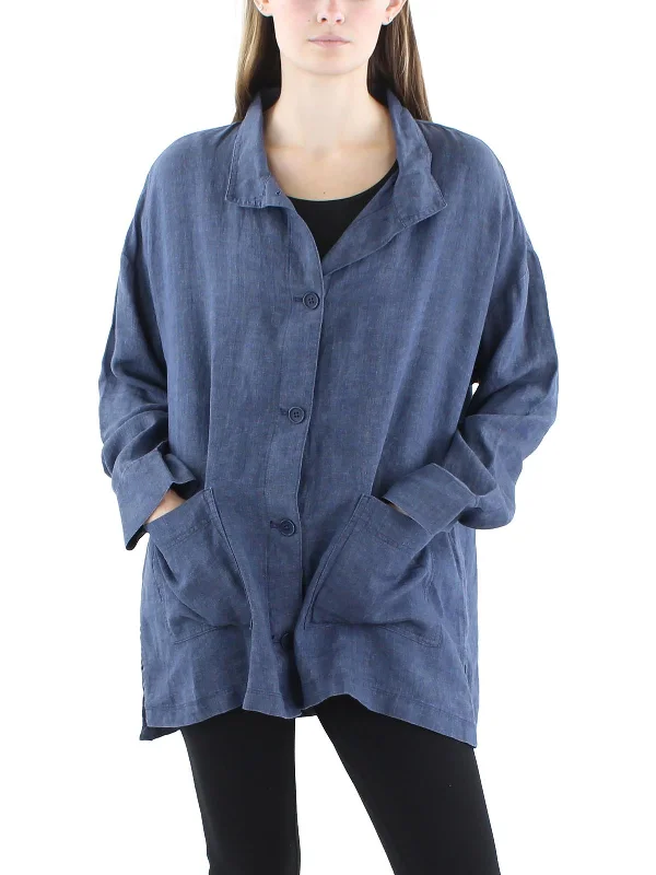 stylish fleece-lined coat for women -Womens Collared 100% Linen Denim Jacket