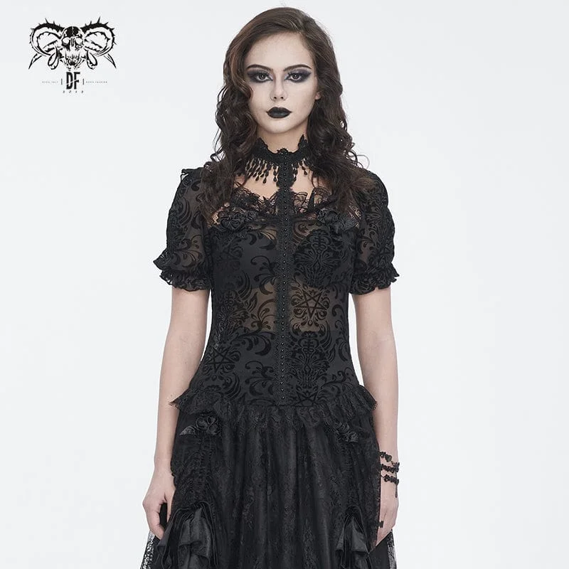 elegant crochet lace blouse for women -Women's Gothic Puff Sleeved Flocking Mesh Sheer Shirt