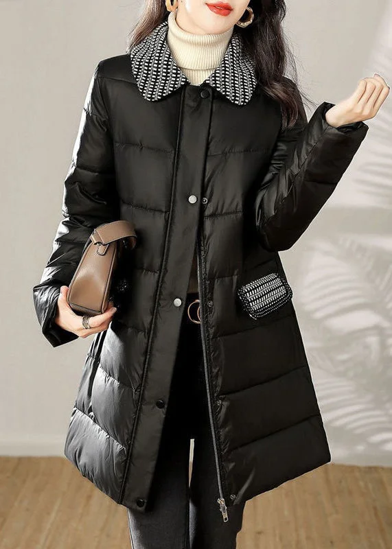 women's thermal long coat -Loose Black Zip Up Tie Waist Patchwork Cotton Filled Coat Winter