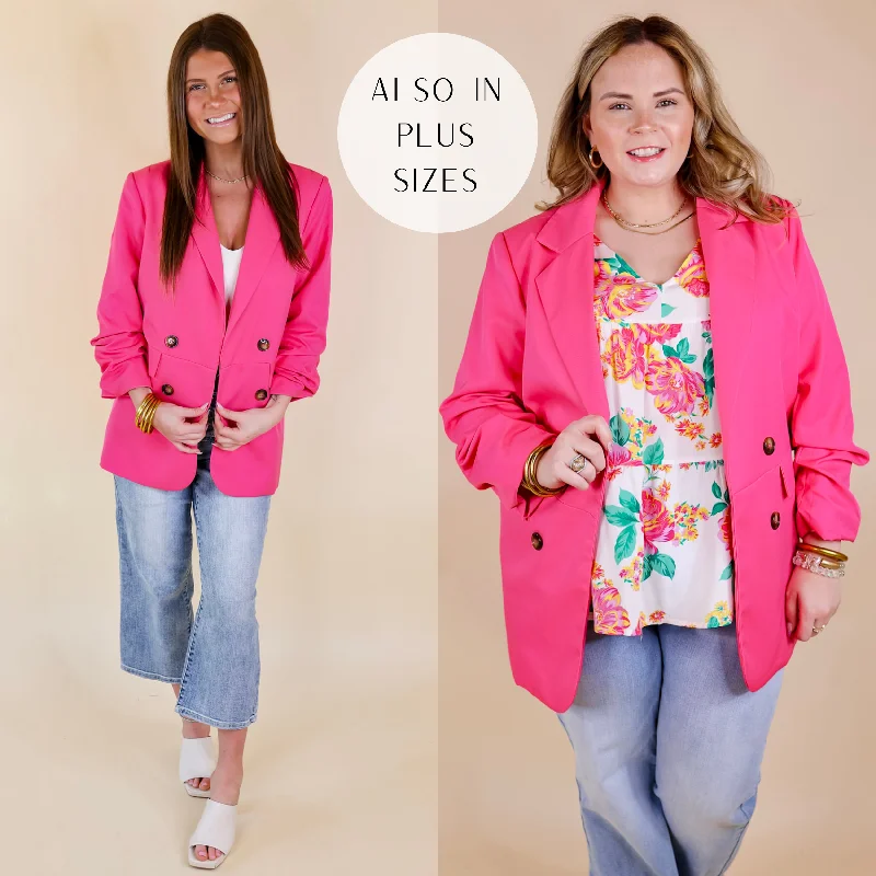 casual coats for women -Editors Choice 3/4 Sleeve Double Button Blazer in Hot Pink