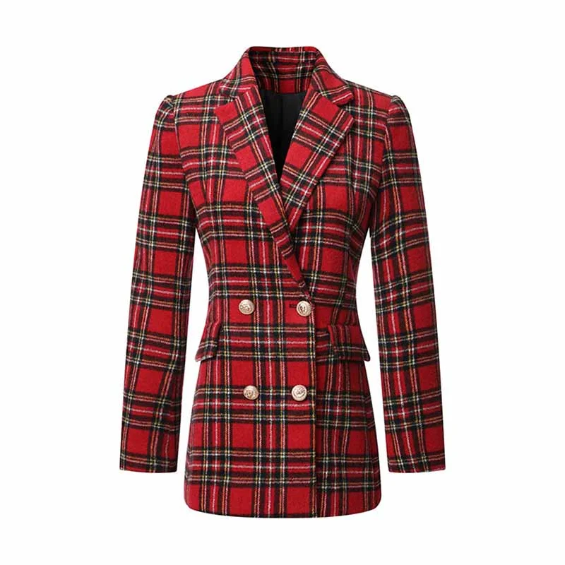 women's waterproof raincoat -Women Long Sleeve Checked Blazer Coat Red